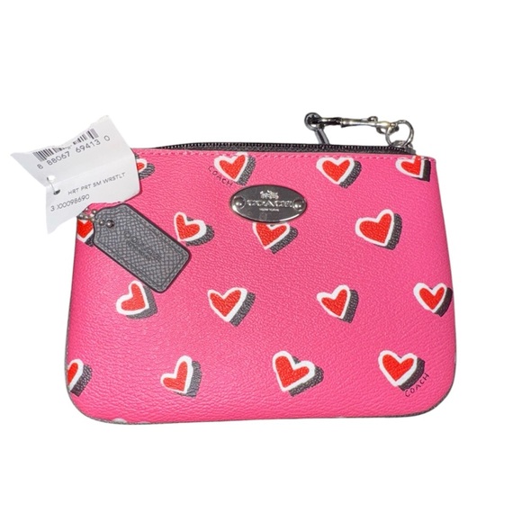 Coach Pink and Red Heart Pattern Wristlet Black Strap NWT - Picture 6 of 7